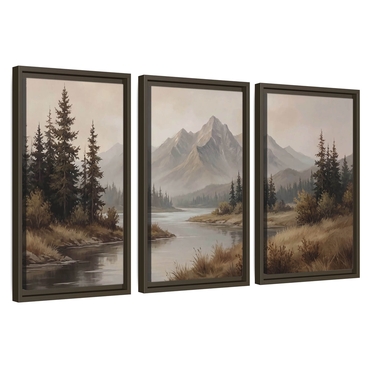 Mountain lake with pines painting 3 piece framed canvas wall art set on a white background