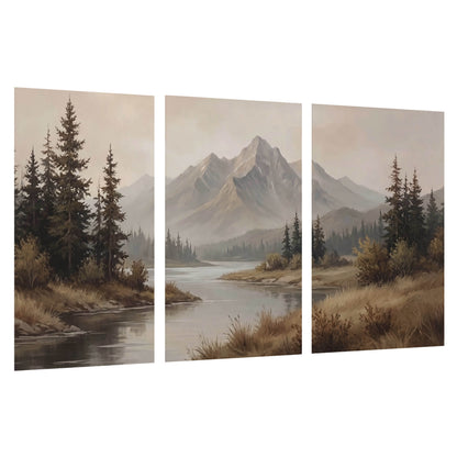 Mountain lake with pines painting set of 3 poster prints on a white background
