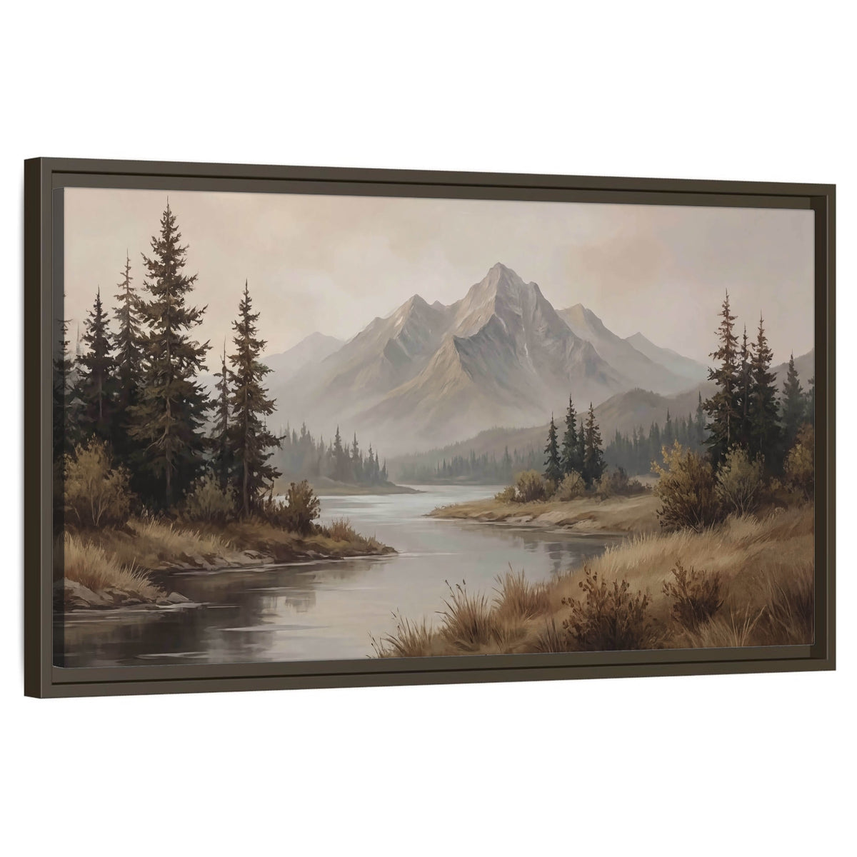 Mountain lake with pines painting framed canvas wall art on a white background