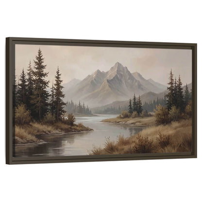 Mountain lake with pines painting framed canvas wall art on a white background