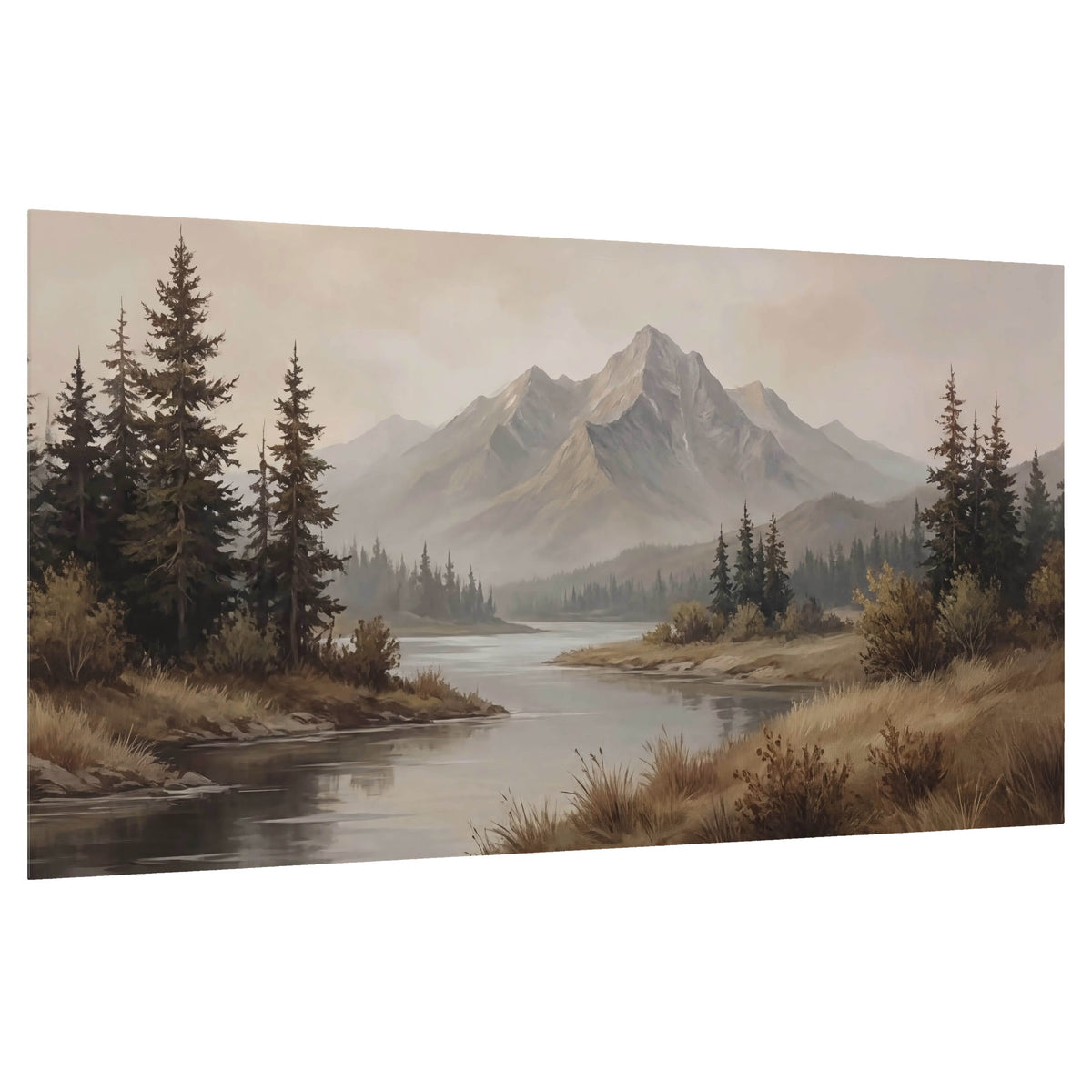 Mountain lake with pines painting poster print on a white background