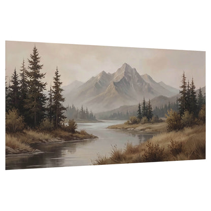 Mountain lake with pines painting poster print on a white background