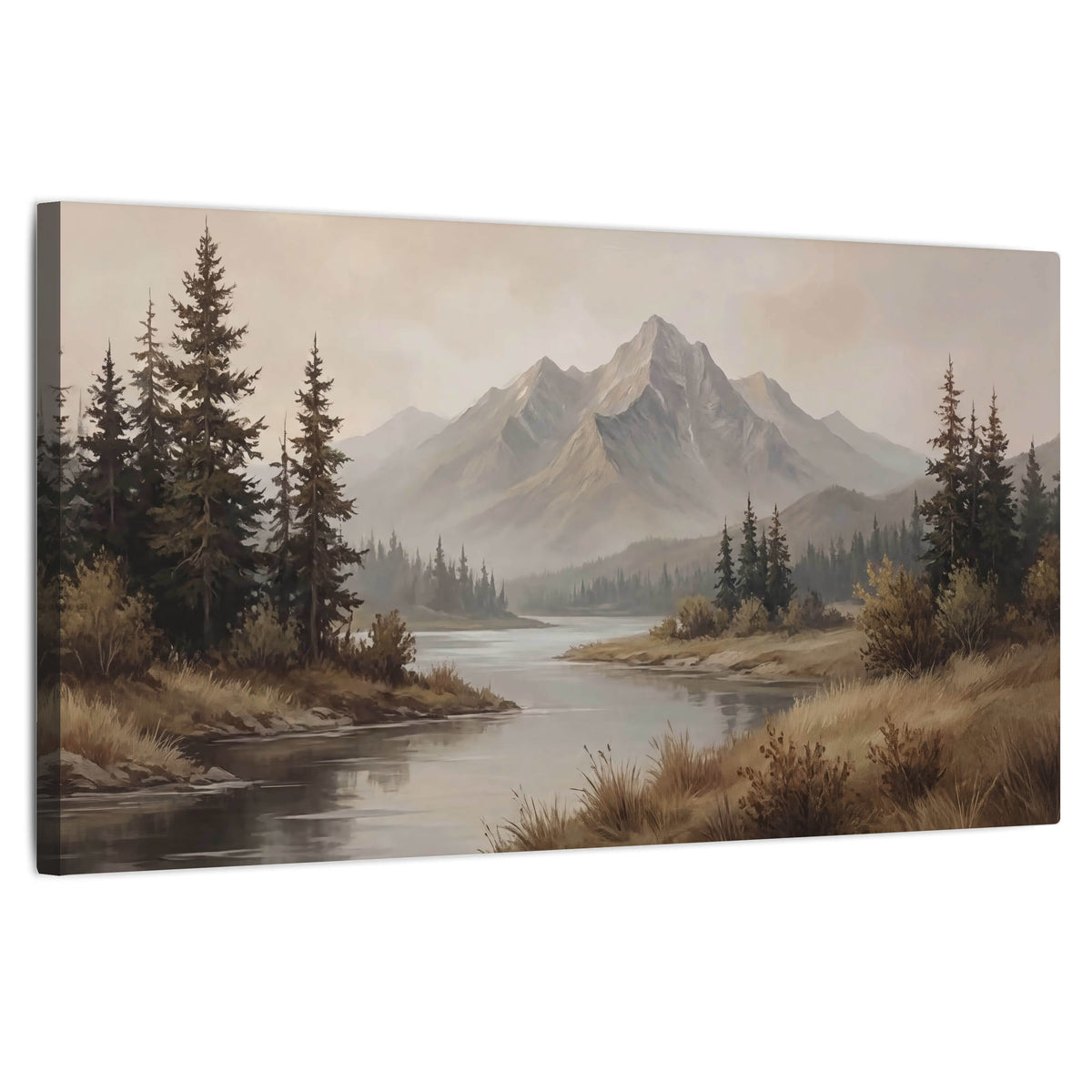 Mountain lake with pines painting stretched canvas wall art on a white background