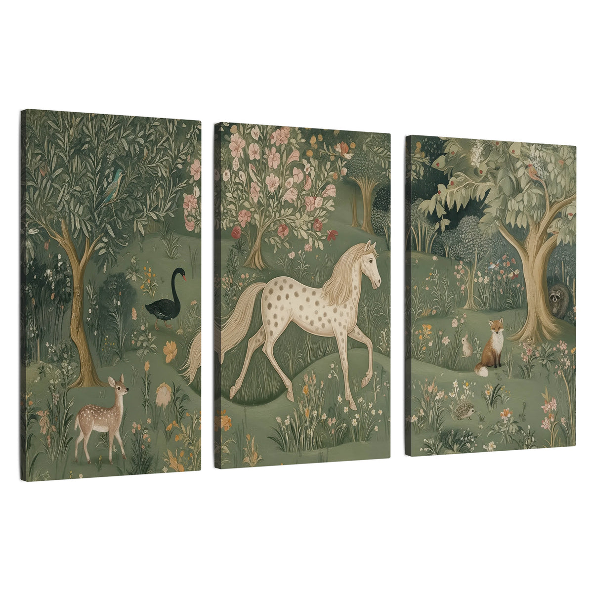 Enchanted woodland tapestry painting 3 piece canvas wall art set on a white background