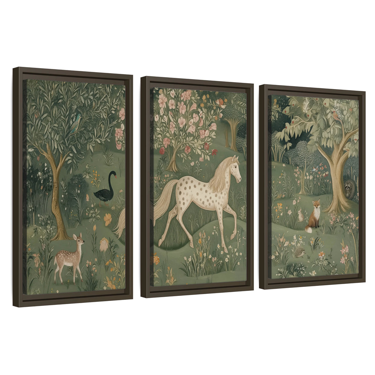Enchanted woodland tapestry painting 3 piece framed canvas wall art set on a white background