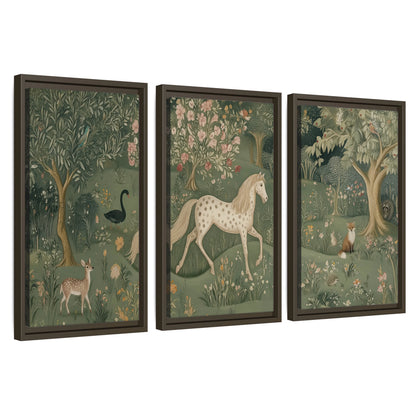 Enchanted woodland tapestry painting 3 piece framed canvas wall art set on a white background