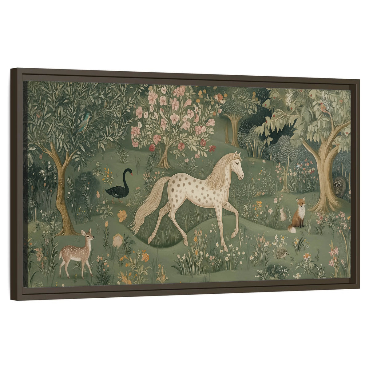 Enchanted woodland tapestry painting framed canvas wall art on a white background