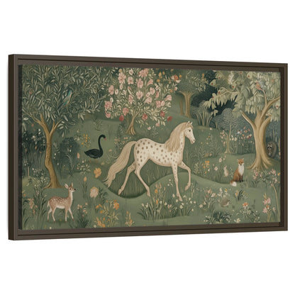Enchanted woodland tapestry painting framed canvas wall art on a white background