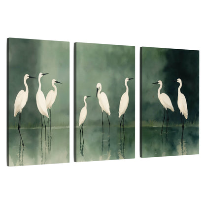 White egrets on green lake painting 3 piece canvas wall art set on a white background