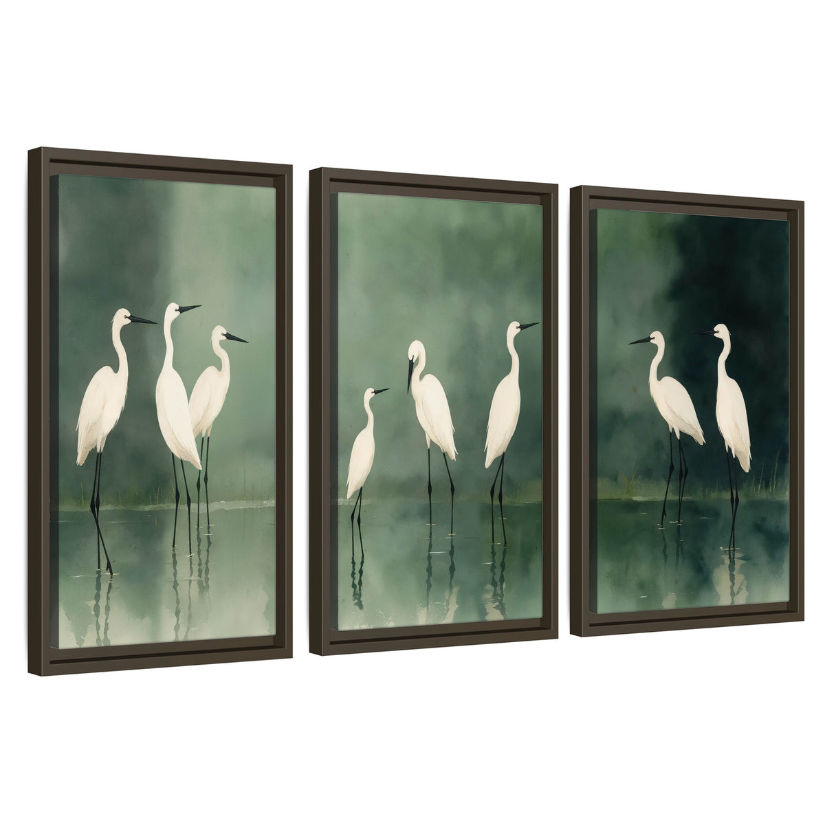 White egrets on green lake painting 3 piece framed canvas wall art set on a white background