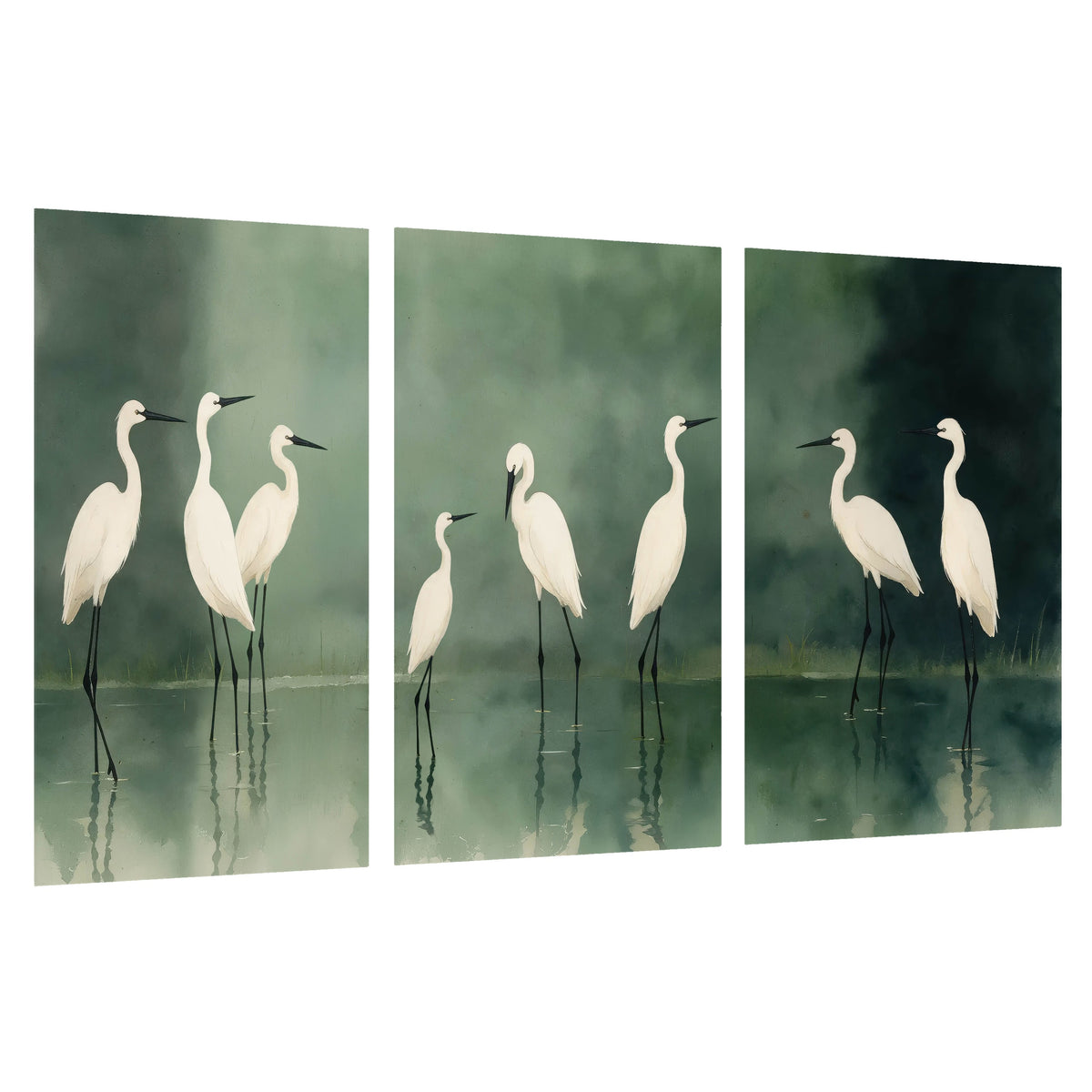 White egrets on green lake painting set of 3 poster prints on a white background