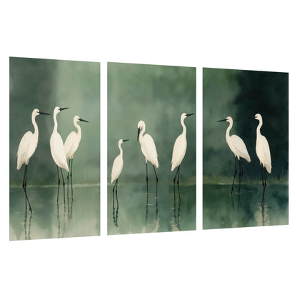 White egrets on green lake painting set of 3 poster prints on a white background