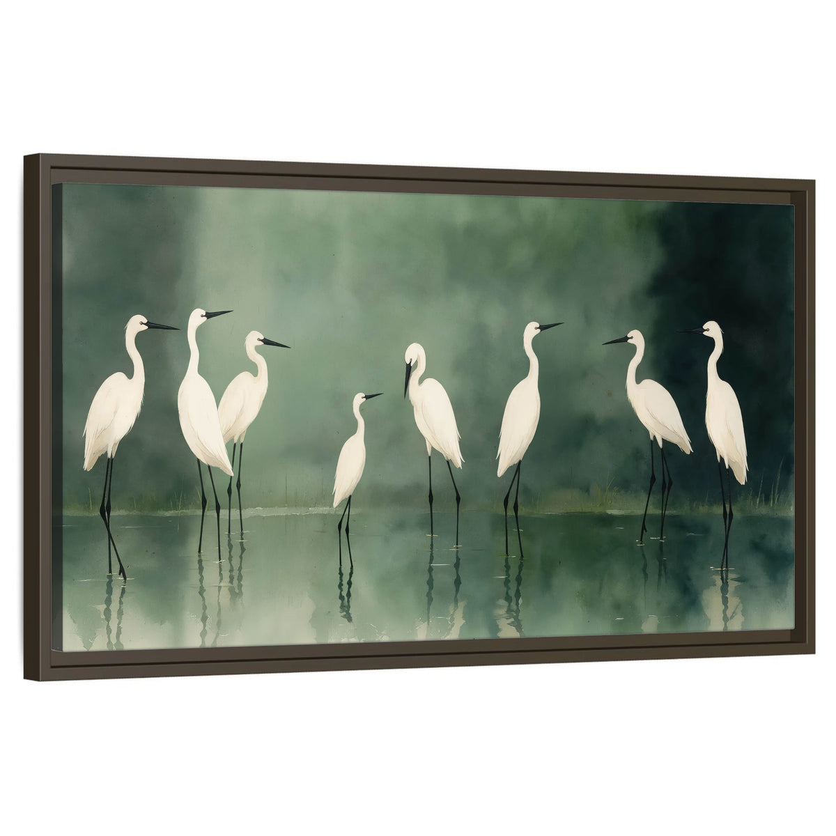White egrets on green lake painting framed canvas wall art on a white background