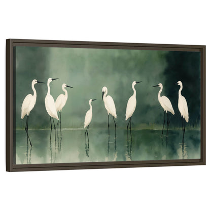 White egrets on green lake painting framed canvas wall art on a white background
