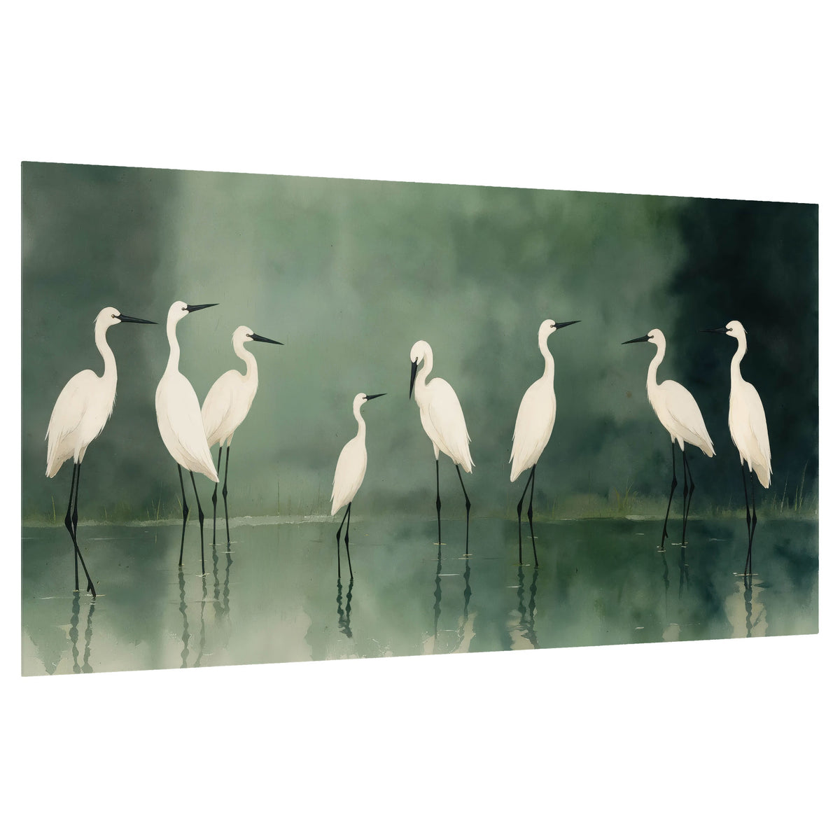 White egrets on green lake painting poster print on a white background