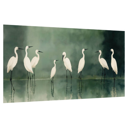 White egrets on green lake painting poster print on a white background