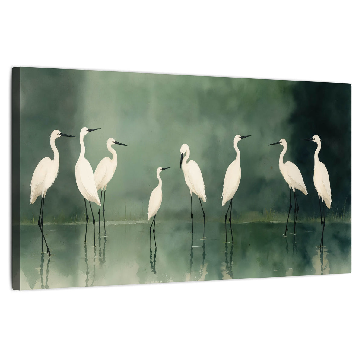 White egrets on green lake painting stretched canvas wall art on a white background