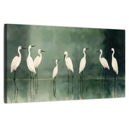 White egrets on green lake painting stretched canvas wall art on a white background