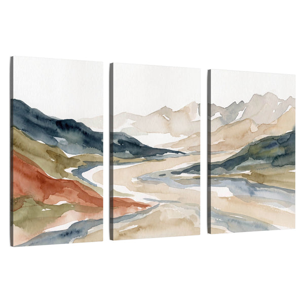 Watercolor Mountain Valley Wall Art – Abstract Earth Tone Landscape