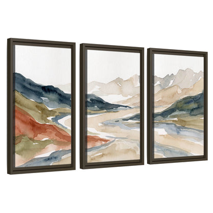 Watercolor mountain valley painting 3 piece framed canvas wall art set on a white background