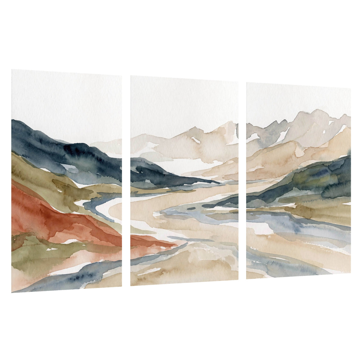 Watercolor mountain valley painting set of 3 poster prints on a white background