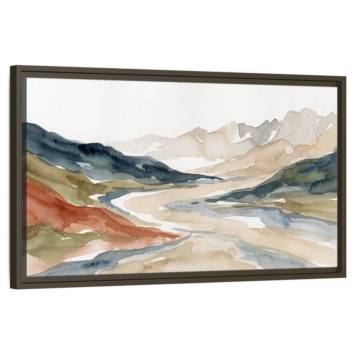 Watercolor mountain valley painting framed canvas wall art on a white background