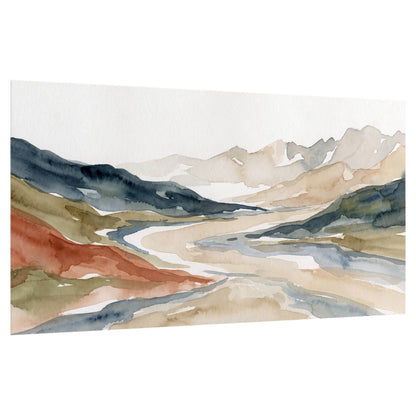 Watercolor mountain valley painting poster print on a white background