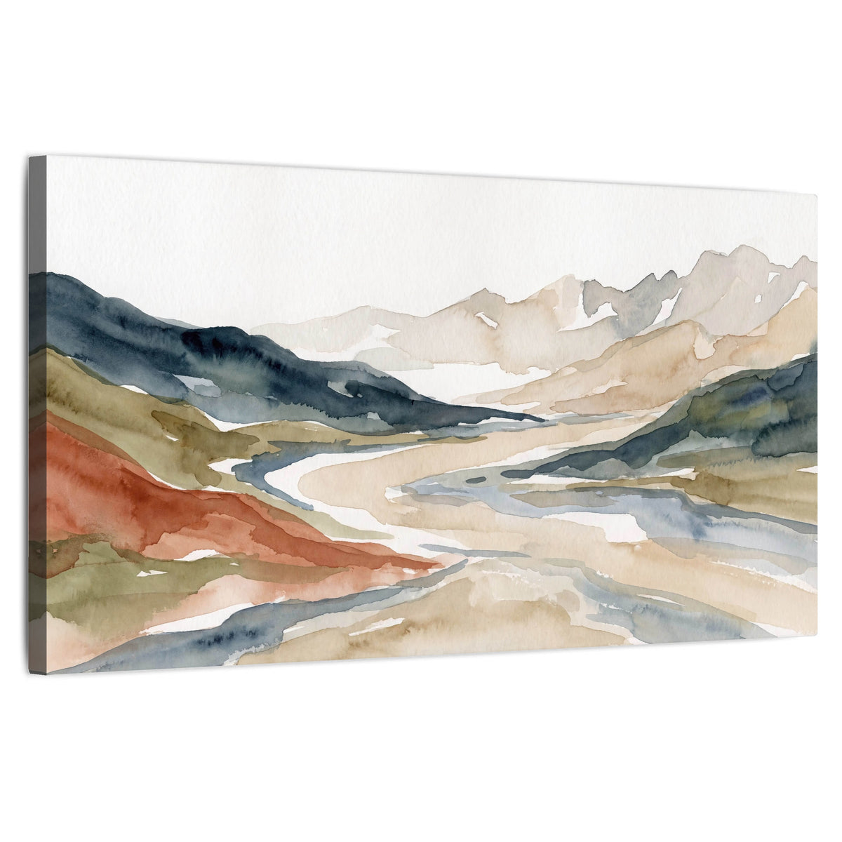 Watercolor mountain valley painting stretched canvas wall art on a white background