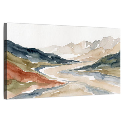 Watercolor mountain valley painting stretched canvas wall art on a white background