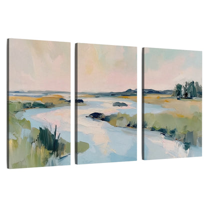 Pastel marsh river painting 3 piece canvas wall art set on a white background