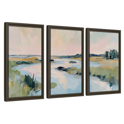 Pastel marsh river painting 3 piece framed canvas wall art set on a white background