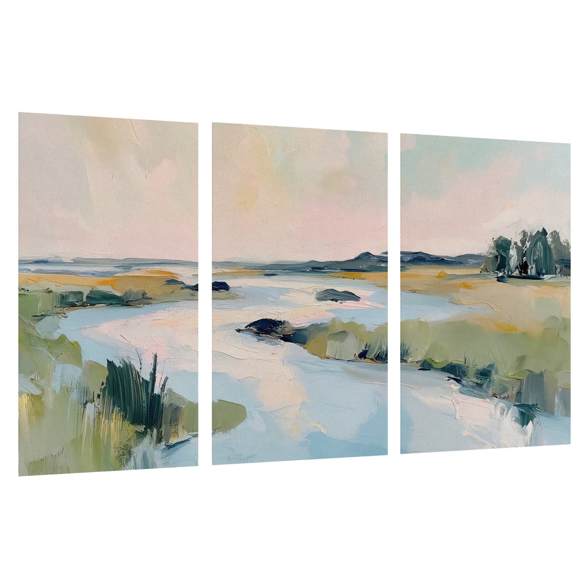 Pastel marsh river painting set of 3 poster prints on a white background