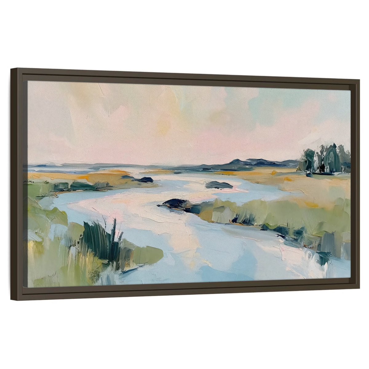 Pastel marsh river painting framed canvas wall art on a white background