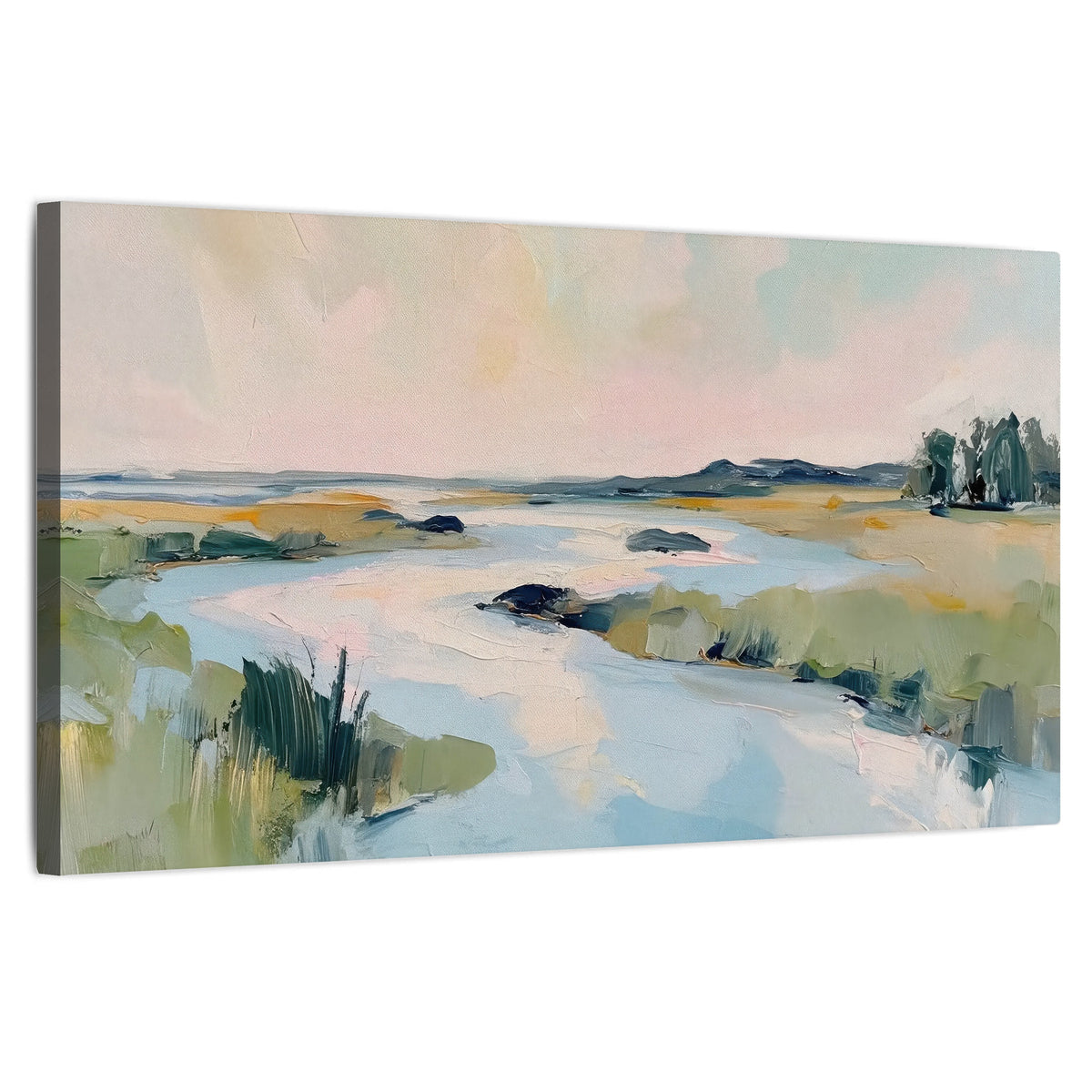 Pastel marsh river painting stretched canvas wall art on a white background