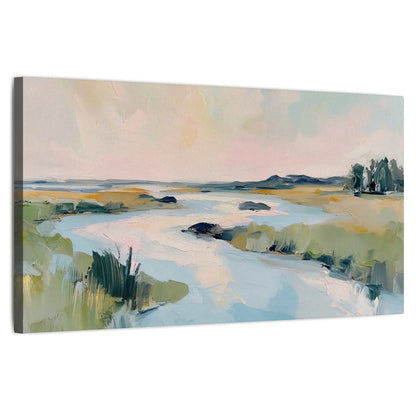 Pastel marsh river painting stretched canvas wall art on a white background