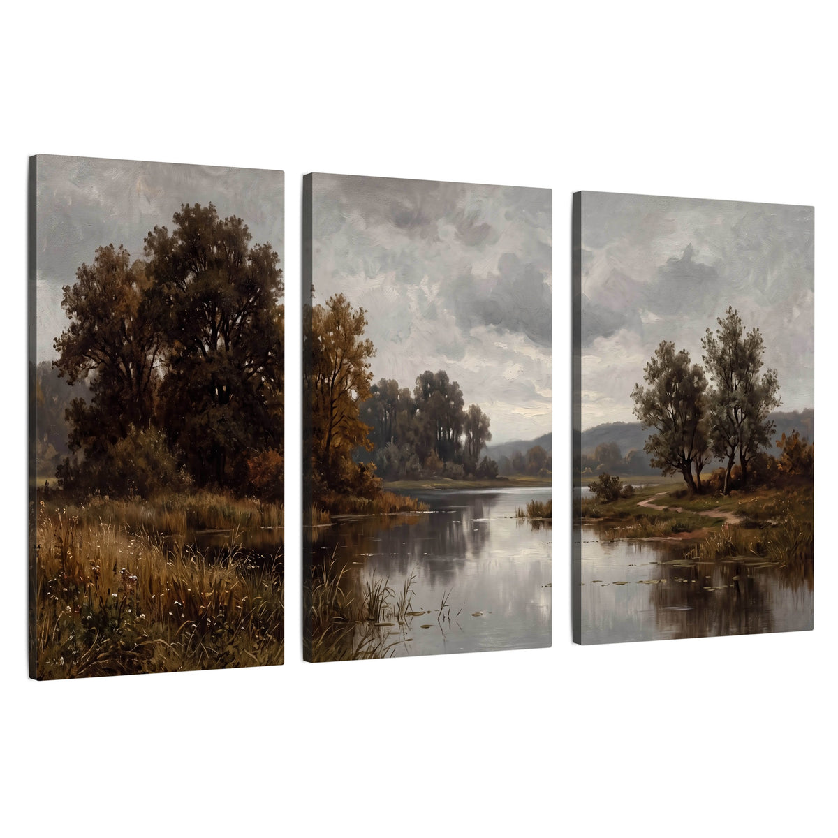 Autumn river landscape painting 3 piece canvas wall art set on a white background