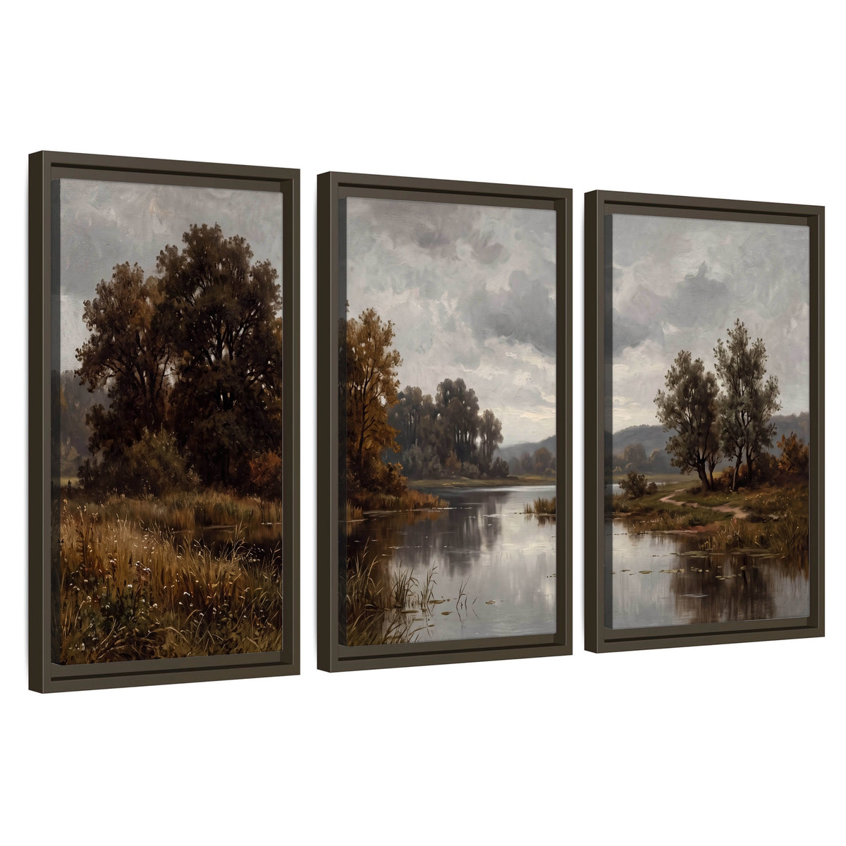 Autumn river landscape painting 3 piece framed canvas wall art set on a white background