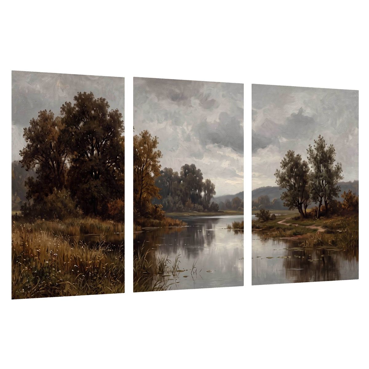 Autumn river landscape painting set of 3 poster prints on a white background