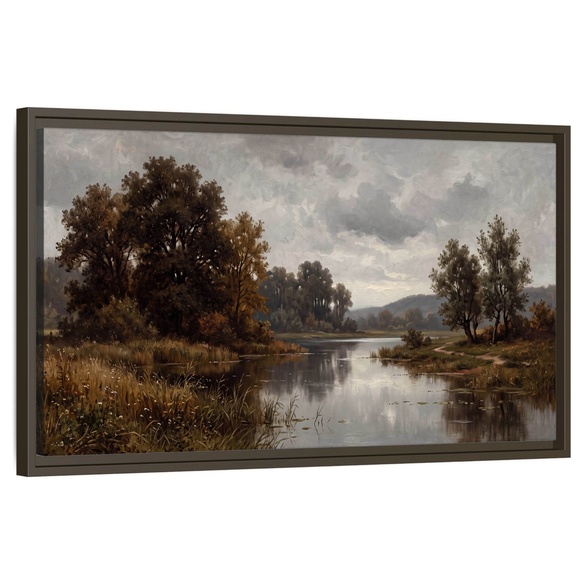 Autumn river landscape painting framed canvas wall art on a white background