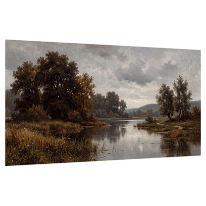 Autumn river landscape painting poster print on a white background