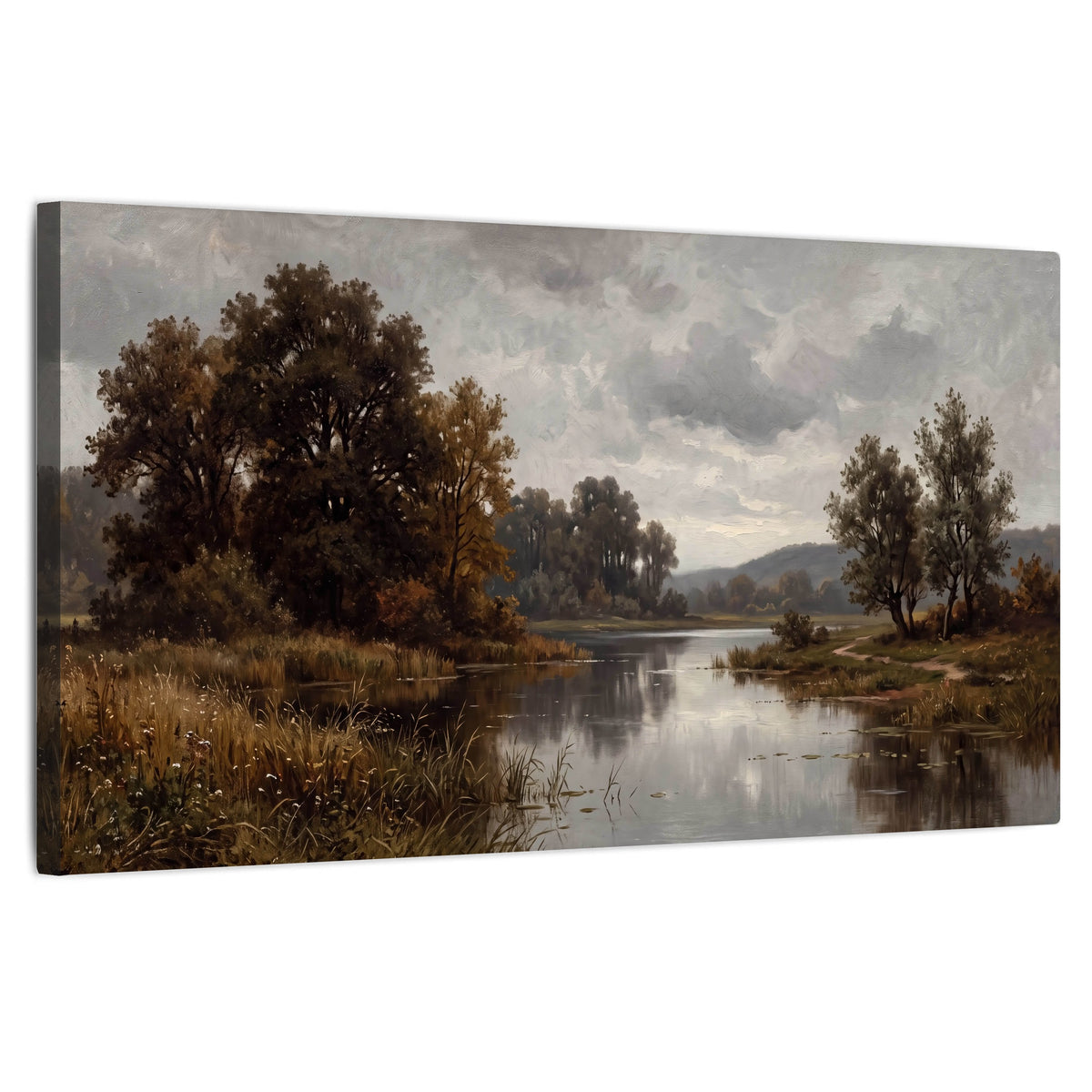 Autumn river landscape painting stretched canvas wall art on a white background