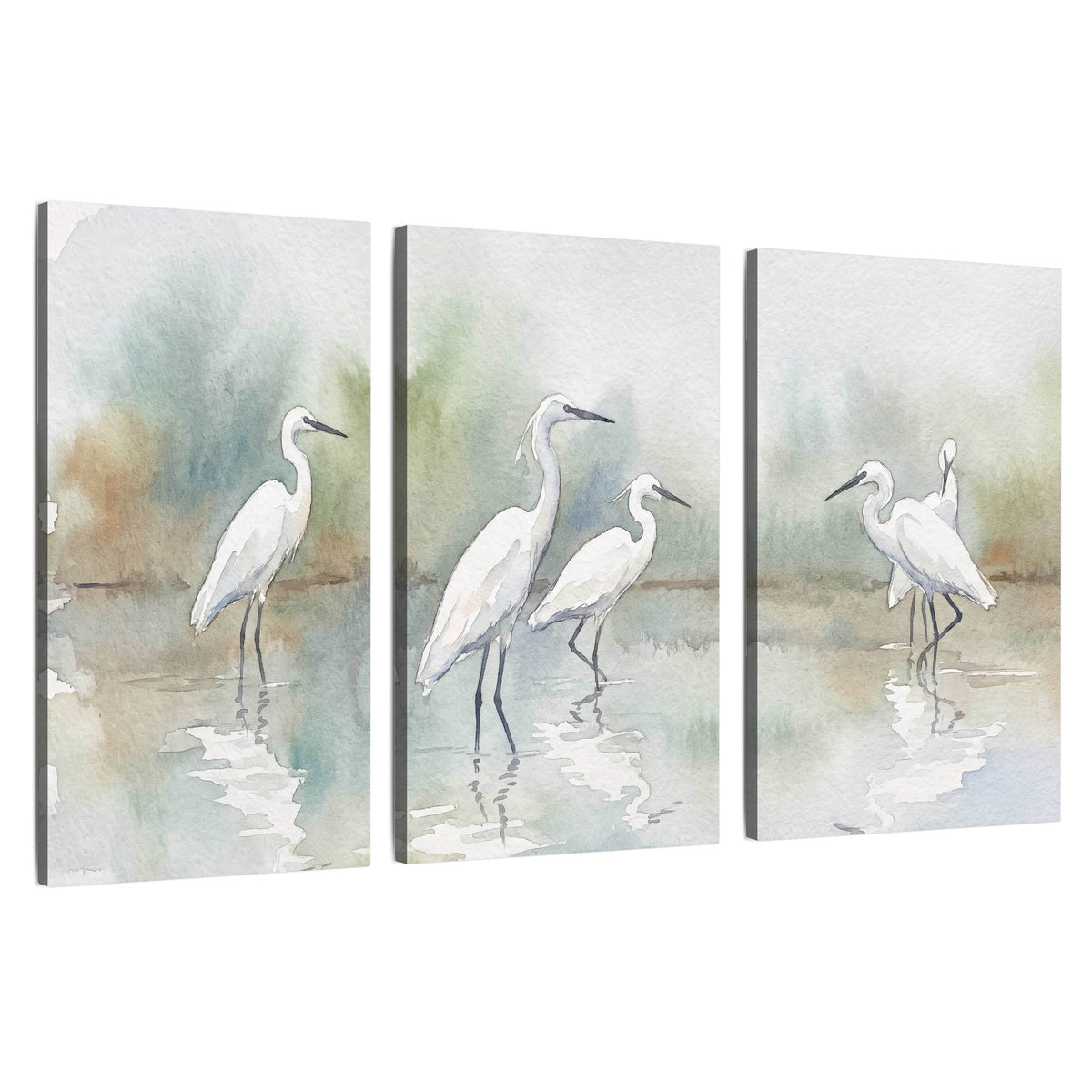 White egrets watercolor 3 piece canvas wall art set on a white background