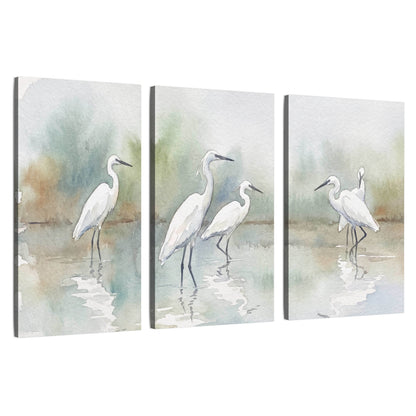 White egrets watercolor 3 piece canvas wall art set on a white background