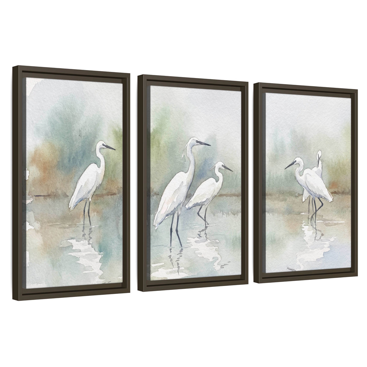 White egrets watercolor 3 piece framed canvas wall art set on a white background