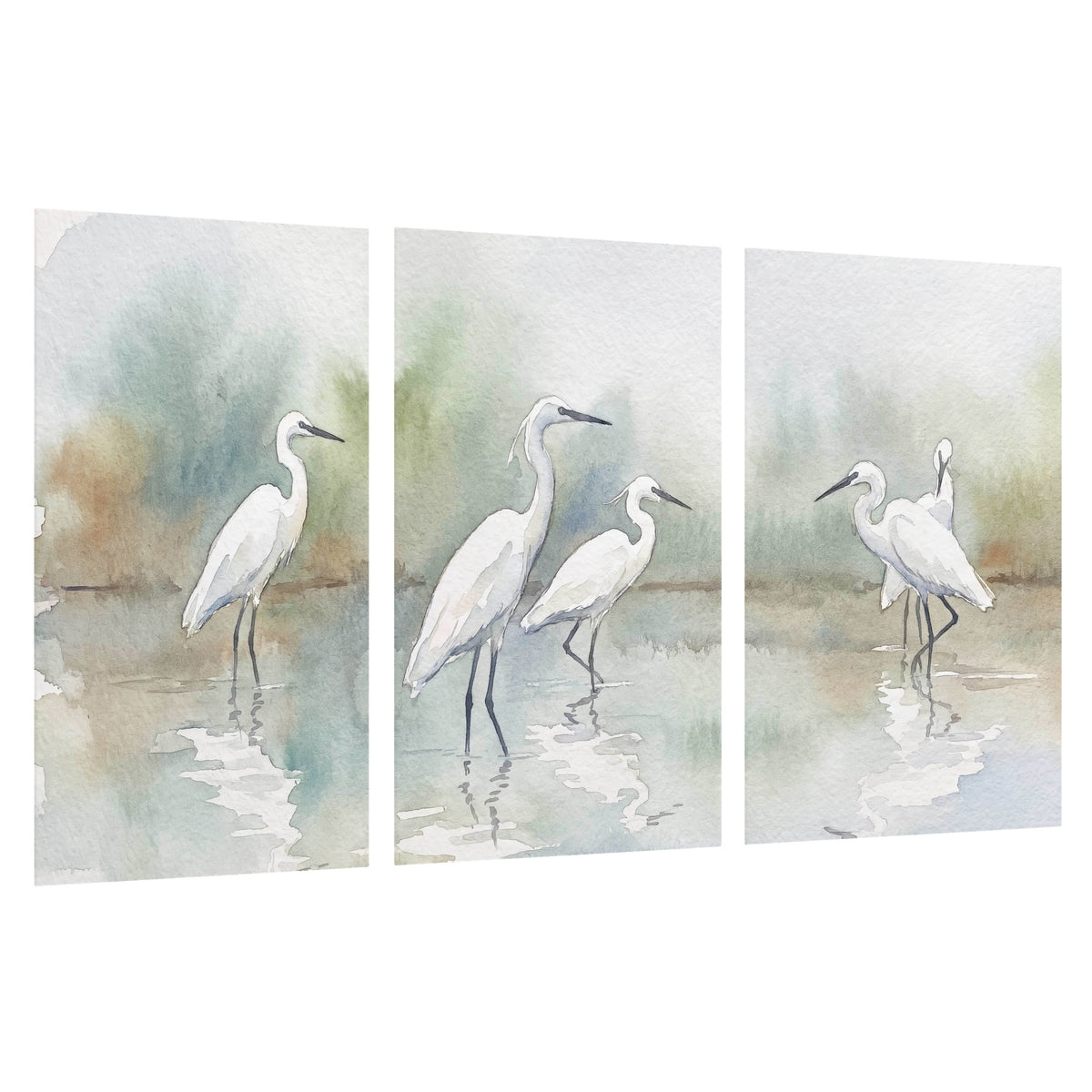 White egrets watercolor set of 3 poster prints on a white background