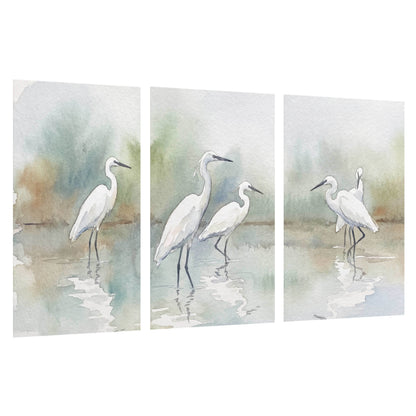 White egrets watercolor set of 3 poster prints on a white background