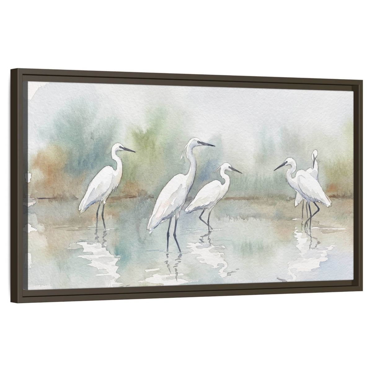 White egrets watercolor framed canvas wall art on a white background