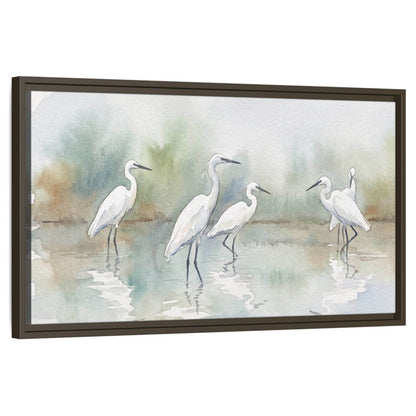 White egrets watercolor framed canvas wall art on a white background