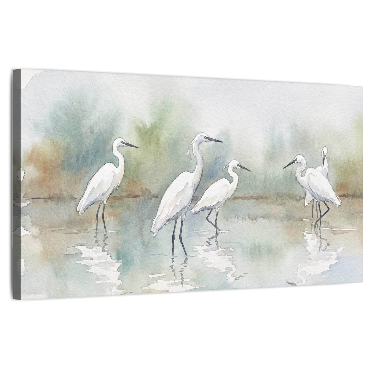 White egrets watercolor stretched canvas wall art on a white background
