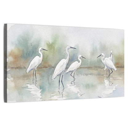 White egrets watercolor stretched canvas wall art on a white background